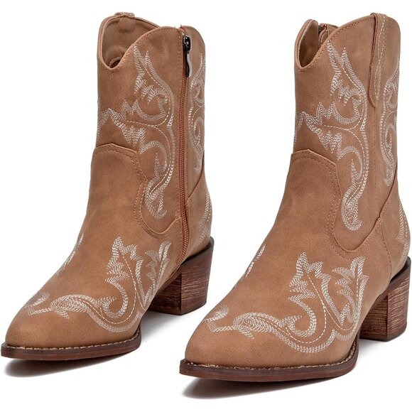 ⚡Women's Brown Embroidered Square Toe Western Cowgirl Boots Chunky Heel Pull On - Picture 4 of 7